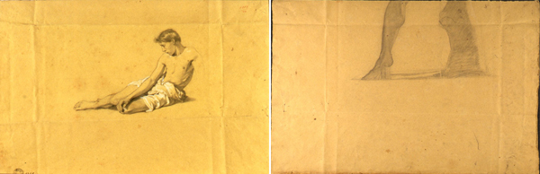 Busi Luigi-Studio di giovane seminudo, seduto, volto verso sinistra (recto) - Parte inferiore di scultura antica (il cosiddetto Guerriero Borghese) (verso)